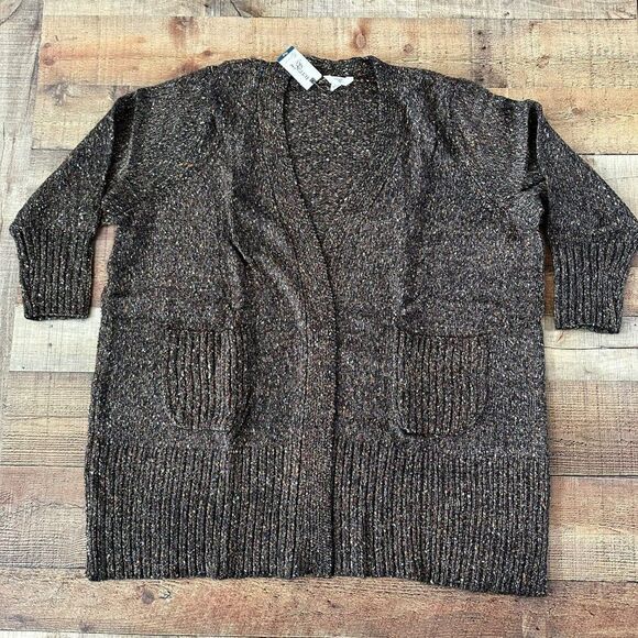 Terra & Sky Sweaters - Terra & Sky Open Front Knit Cardigan in Black -3XL